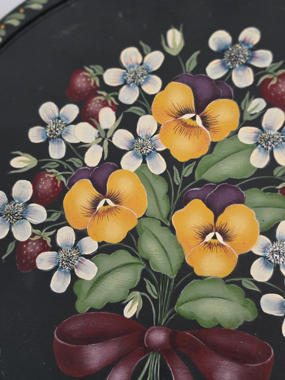 Vintage Moody Dark Green Floral Bouquet Wall Art with Yellow Pansies and Red Bow - Picture 5 of 12